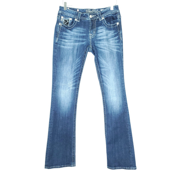 Miss Me Embellished Boot cut Jeans 29 Blue Sandblasted Lace Sequin Mid Rise - Picture 1 of 12